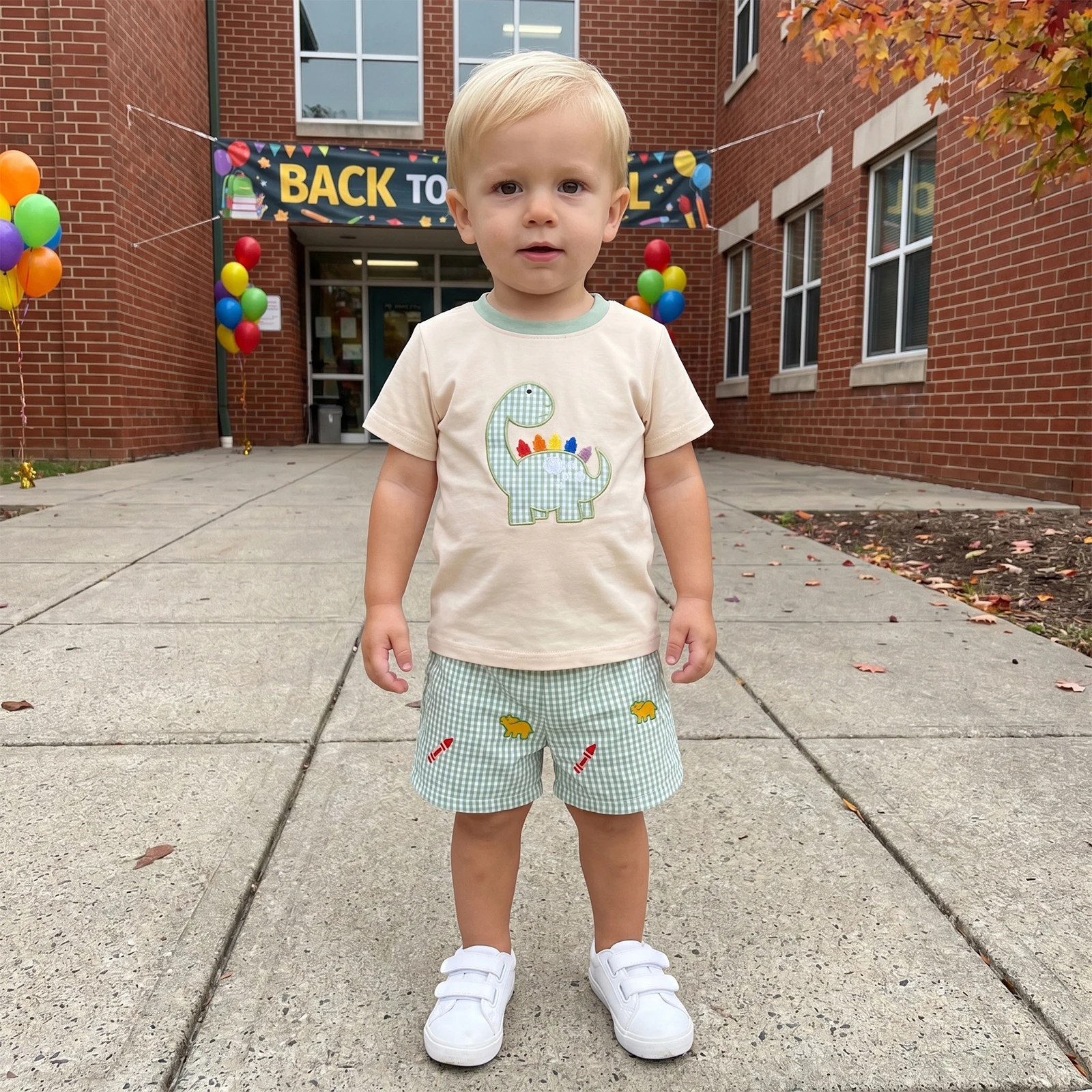 Toddler Boys Back to School Outfits Adorable Dinosaur Embroidery Short Sleeve T shirt Tops Striped Shorts Boys Set
