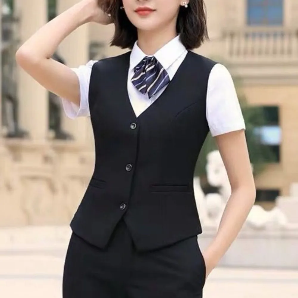 เสื้อกั๊กทำงานทรงธุรกิจ ดีไซน์หรูหรา ไซส์ใหญ่ สีพื้น เรียบง่าย เหมาะสำหรับใส่ทำงานในออฟฟิศ คอวี แขนกุด ชุดยูนิฟอร์ม ใส่ได้ทุกวัน