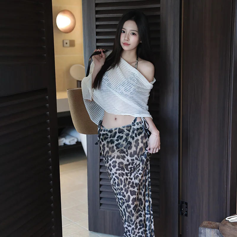 Women Four Piece Leopard Zebra Print Bikini Textured Cover Up Wrap Skirt Tummy Control Slim Hot Girl Beach Vacation Swimwear