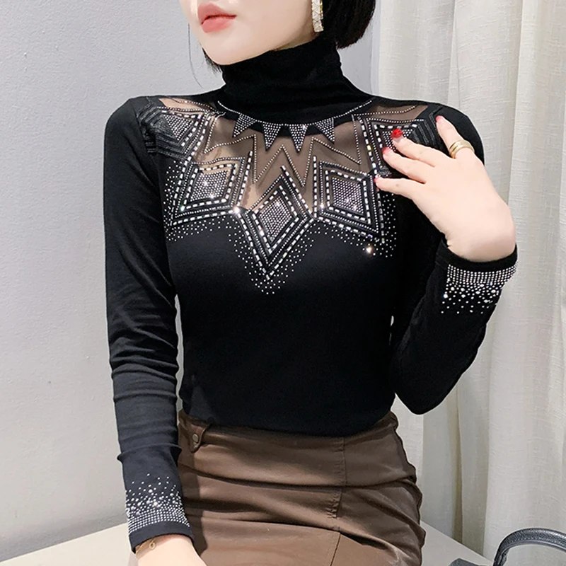 2024 Autumn Winter Long Sleeve Bottoming T shirt New High Collar Diamond Tees Patchwrok Black Sexy Women Tops