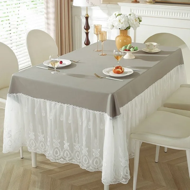 Cream Style Solid Color Lace Side Tablecloth Waterproof Oil Resistant Washable Table Clothes Scratchproof durable Table Linen