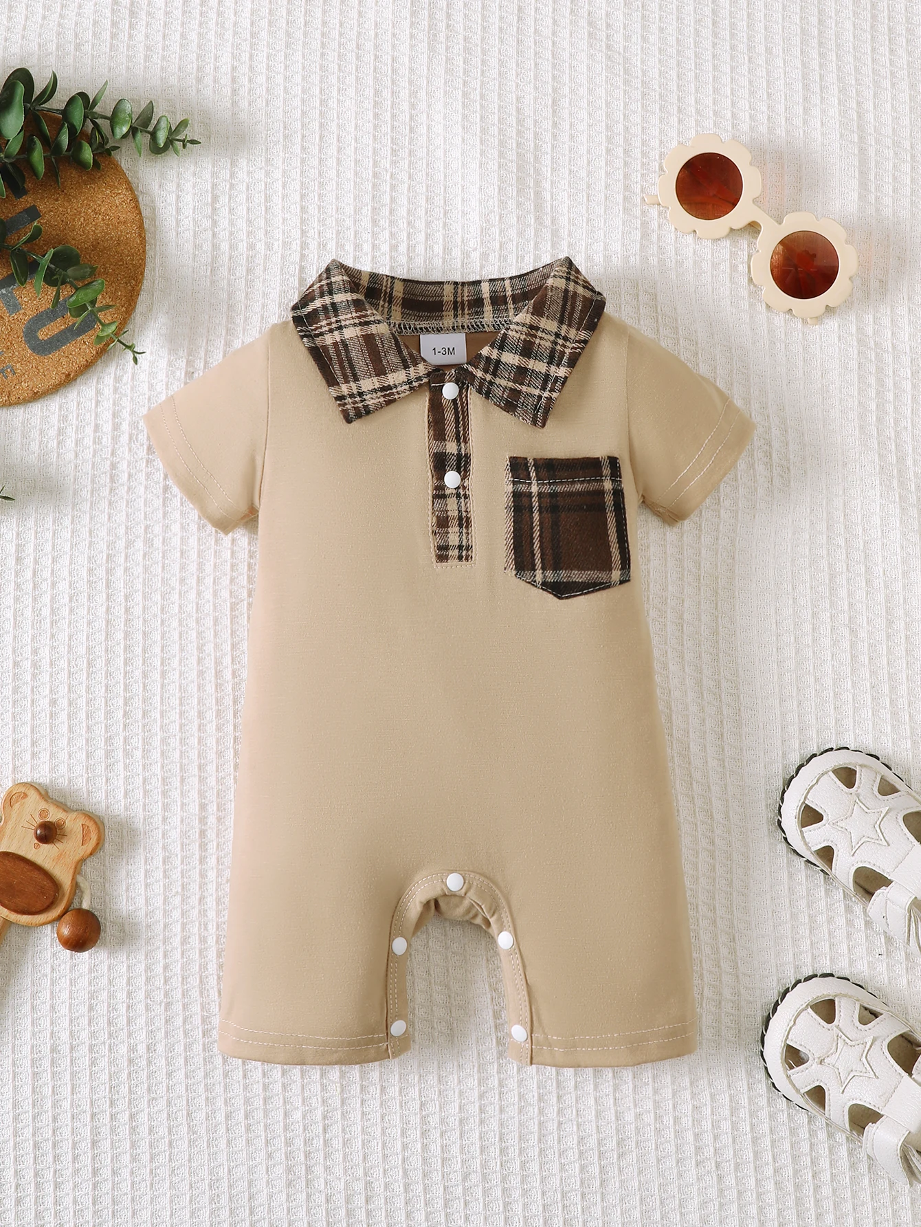 Baby Boy Summer Short-Sleeve Polo Romper, Retro Plaid Collar with Matching Color Patch Pockets, Hidden Snap Button Design at the Crotch for Easy Diaper Changes, Simple Baby Jumpsuit for Daily Outings and Photo Shoots