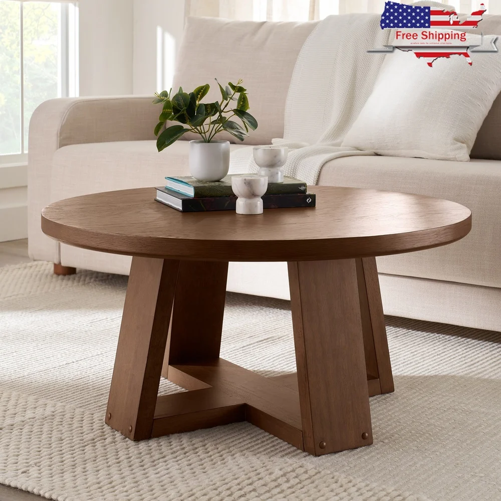 

Круглый журнальный столик с отделкой из орехового дерева, прочное дерево, уникальное Х-образное основание, простая сборка, стильный домашний декор для гостиной