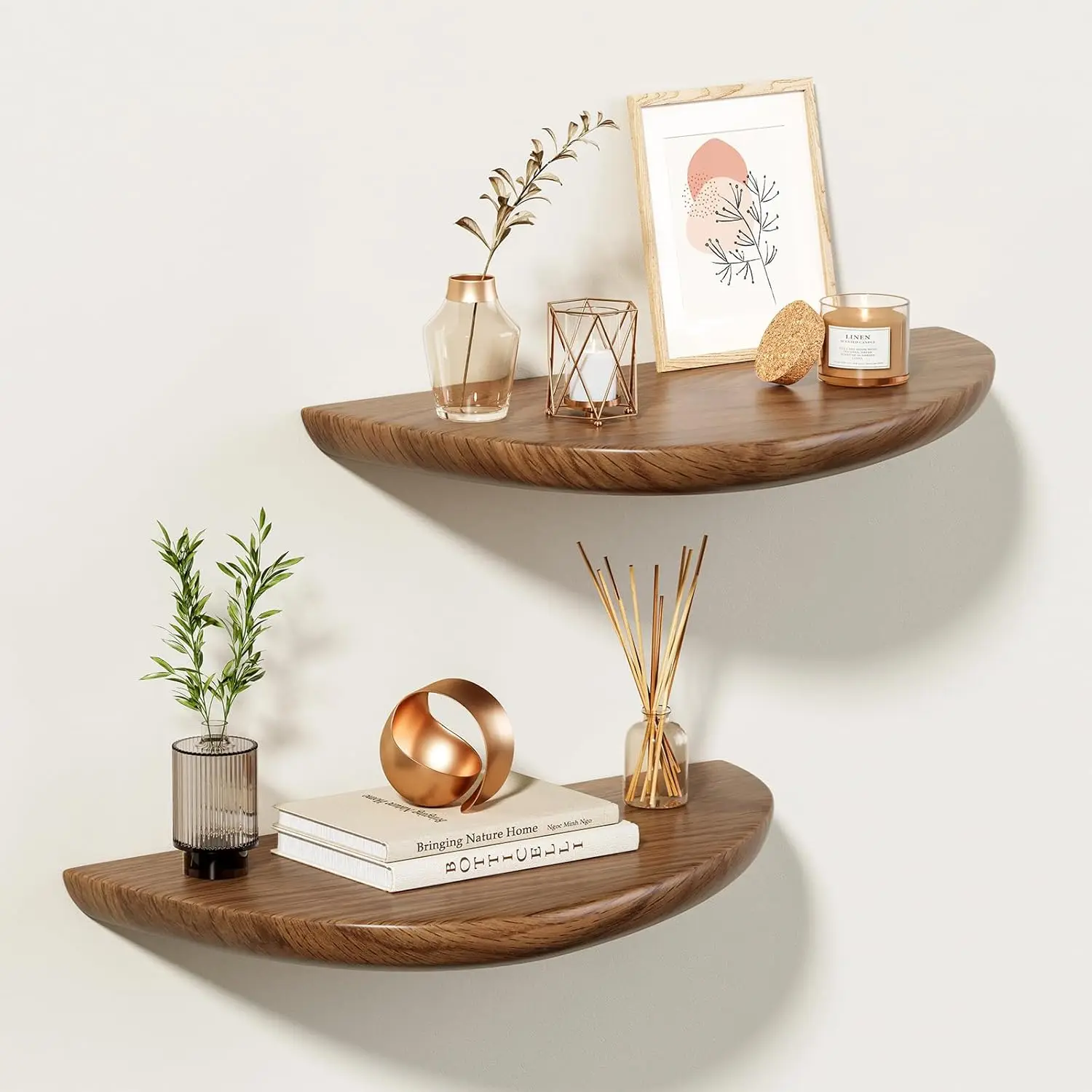 

Solid Walnut Floating Shelves for Wall 15.7 Inch Set of 2, Live Edge Wall Mounted Shelf,Rustic Farmhouse Wooden Floatin