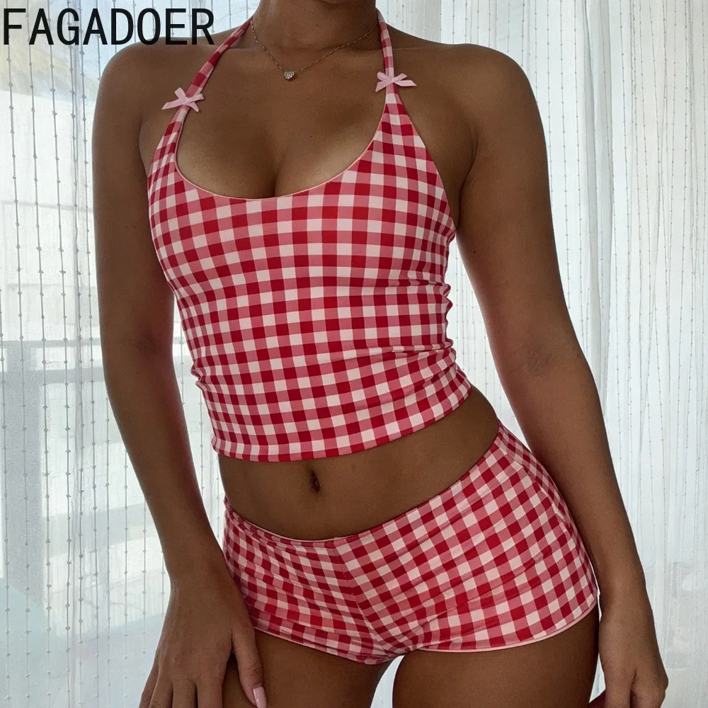 

FAGADOER Y2k Sexy Woman 2 Piece Set Outfit Halter Sleeveless Backless Crop Top and Shorts Matching Female Streetwear Clothing