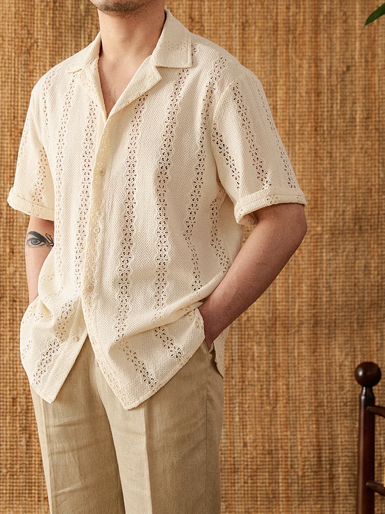 

Mr. Deer Tee Summer Thin ort Sve irt Casual Lightweight Hollow out Versatile Holiday Cuban Collar Men's irt