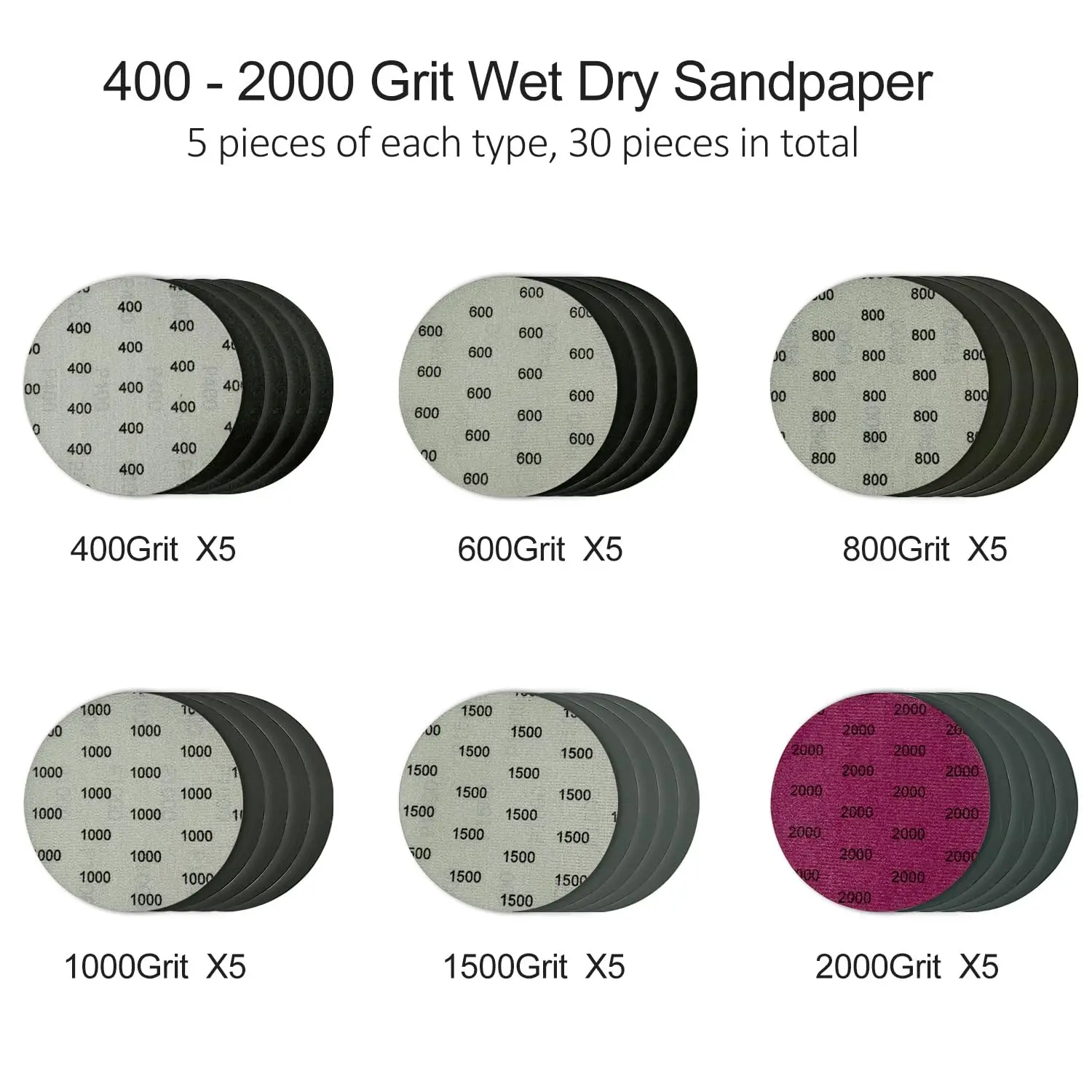 Wet Dry Sandpaper 5 Inch 30 Pcs Assorted 400/600/800/1000/1500/2000 Grits for Orbital Sander Auto Wood or Metal Polishing