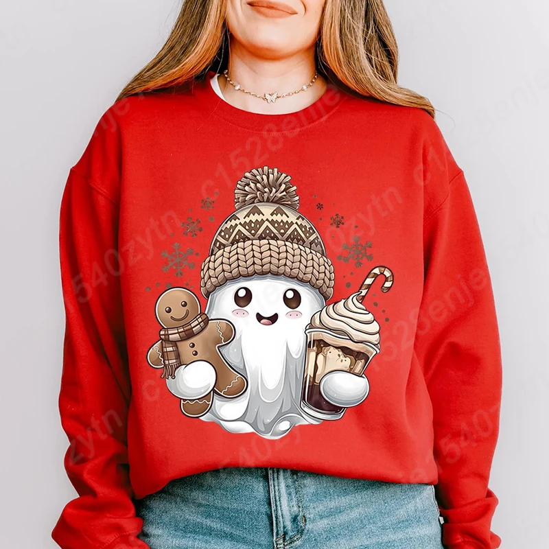 Christmas Ghost Gingerbread Coffee Pullovers Autumn Winter Creative Personalized Tops Ladies Casual Sweatshirts O Neck Pullovers