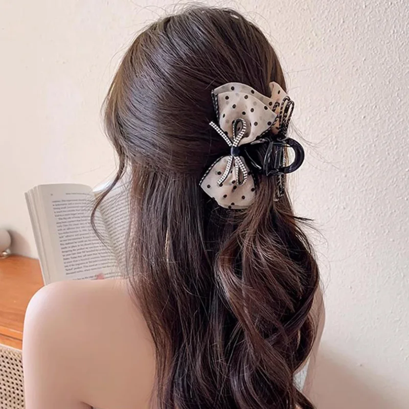 Elegant Rhinestones Chiffon Dot Bow Hair Claw For Women Girls Sweet Hair Ornament Hair Clips Hairpin Fashion Hair Accessories