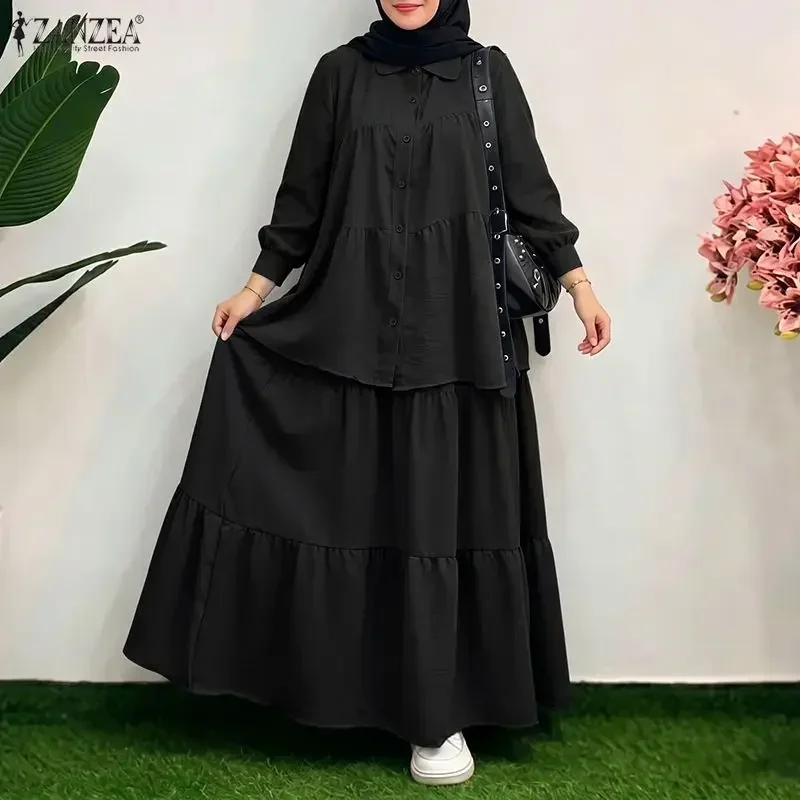 ZANZEA Modest 2-teiliges muslimisches Langarm-Blusenkleid-Set in Übergröße, Ramadan-Outfit, Hemdkleid mit Knöpfen, Maxirock-Anzug