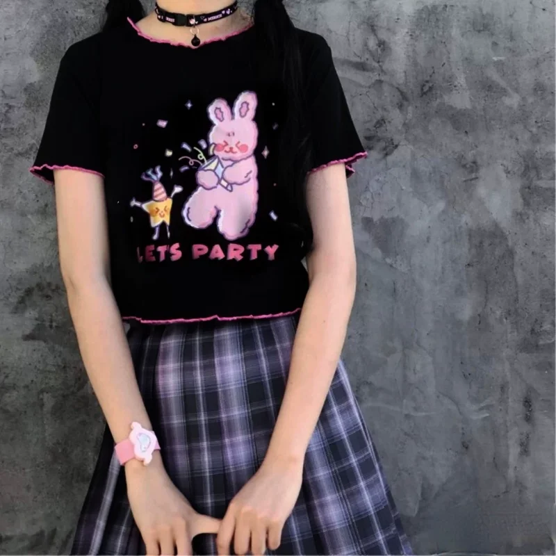 O Neck Fungus Edge Y2k Clothes Women T-shirts Harajuku Preppy Kawaii Cute Crop Top Letter Rabbit Print Sweet High Street Tees