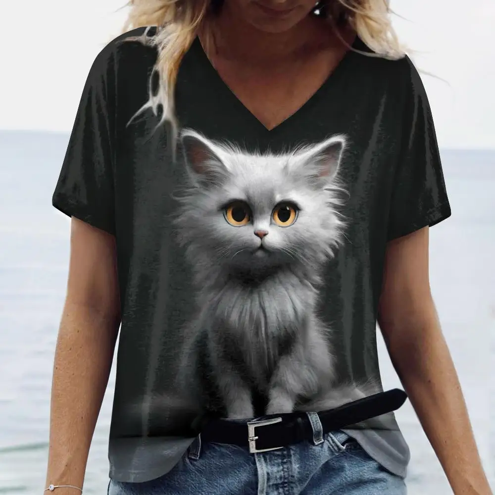 Funny Cute Cat 3D Printed Women's T-Shirts Casual V-neck Short Sleeve Tops Fashion Loose Ladies Clothing Summer Street Girl Tees