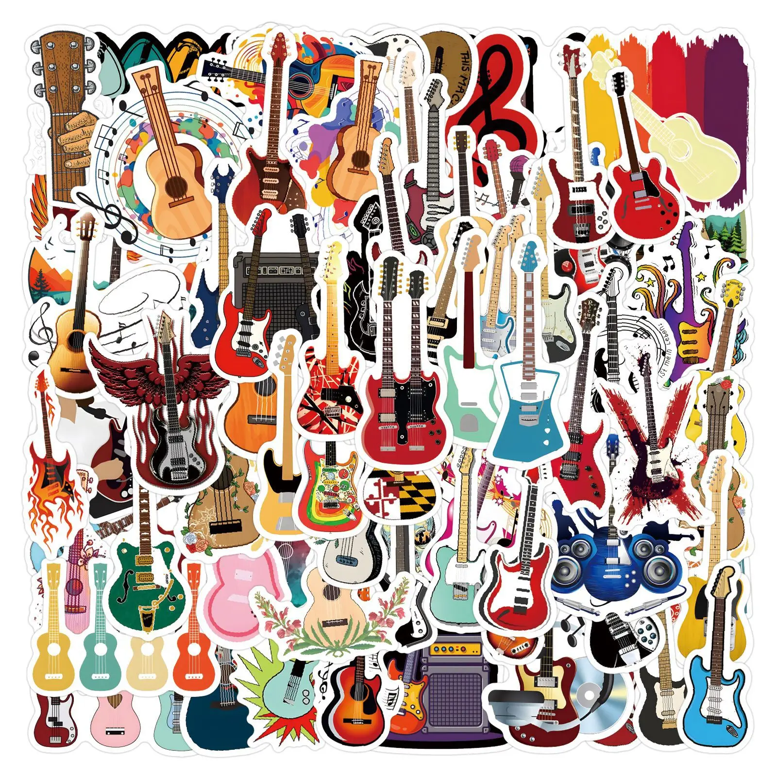 110 Stück coole Gitarren-Graffiti-Aufkleber, Cartoon-Musikinstrumenten-Aufkleber für Laptop, Handy, Tasse, Skateboard, wasserdichter Aufkleber