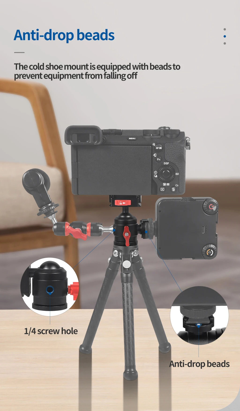 DSLR-Kamera-Stativ-Kugelkopf mit 1/4-Zoll-Gewinde, Cold-Shoe-Halterung, V-Port, Schnellwechselplatte für Fill-Light und Mikrofonständer, max. Belastung 12 kg – Detail 7