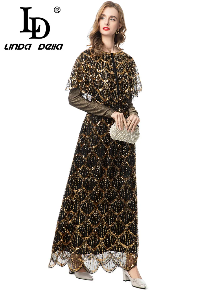 LD LINDA DELL مسمار حبة الترتر بأكمام طويلة الرجعية مأدبة عشاء فستان أسود المرأة الخريف والشتاء فستان عصري #1