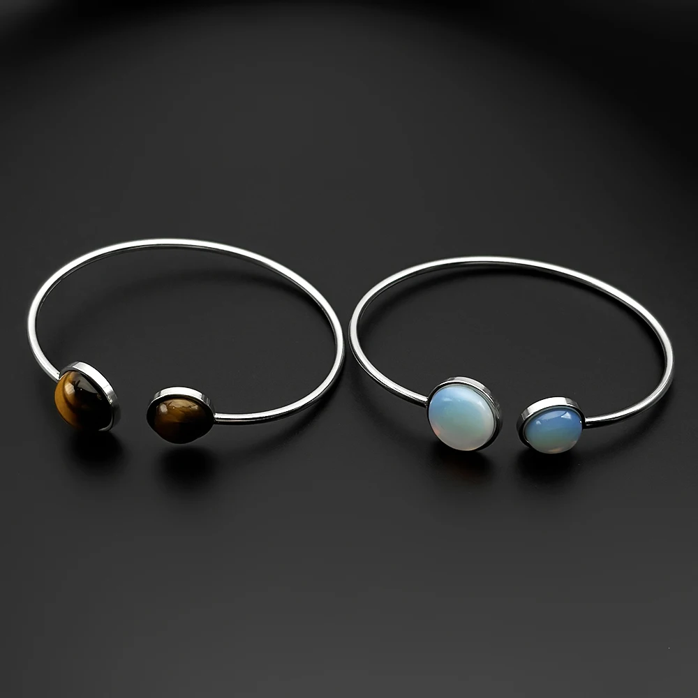 Minimalistischer Doppel-Tigerauge-Stein Offener Armreif für Damen, Edelstahl Natürliche Eleganz Damen-Armband Schmuck-Accessoire – Detail 5