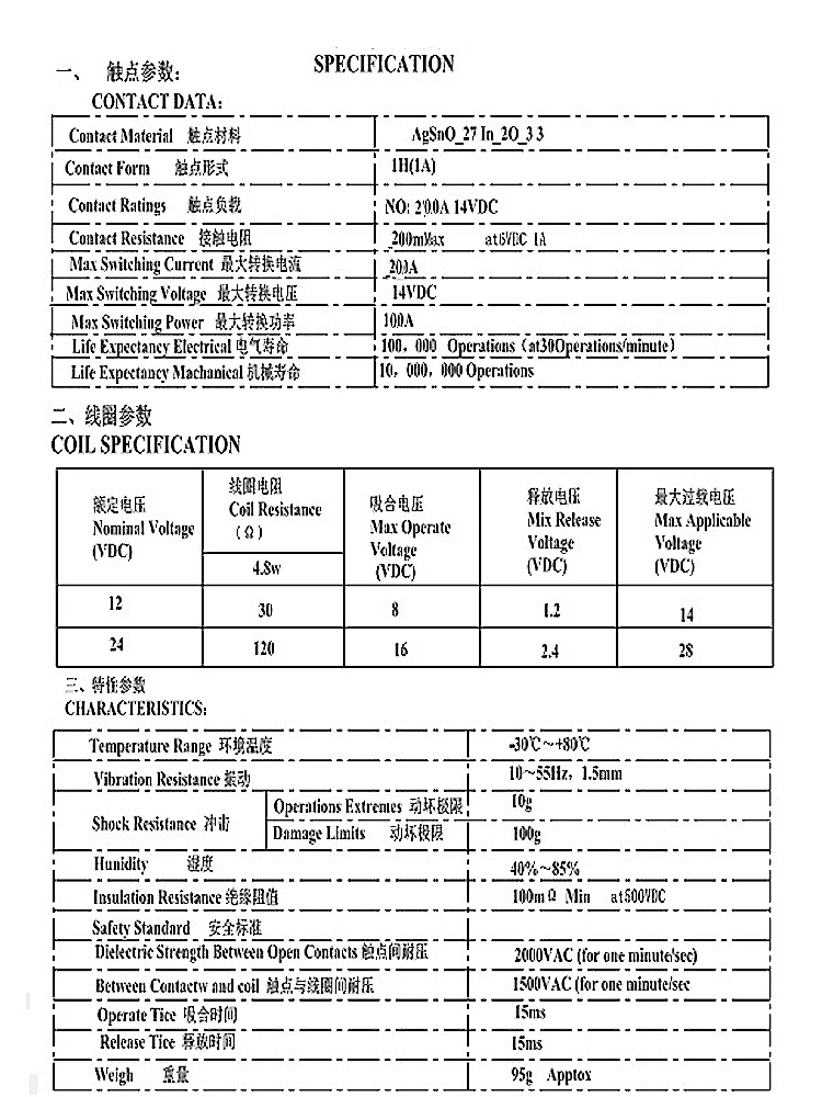 New Car Truck Motor Automotive high current relay 12V/24V 200A 2.4W Continuous type Automotive relay car relays