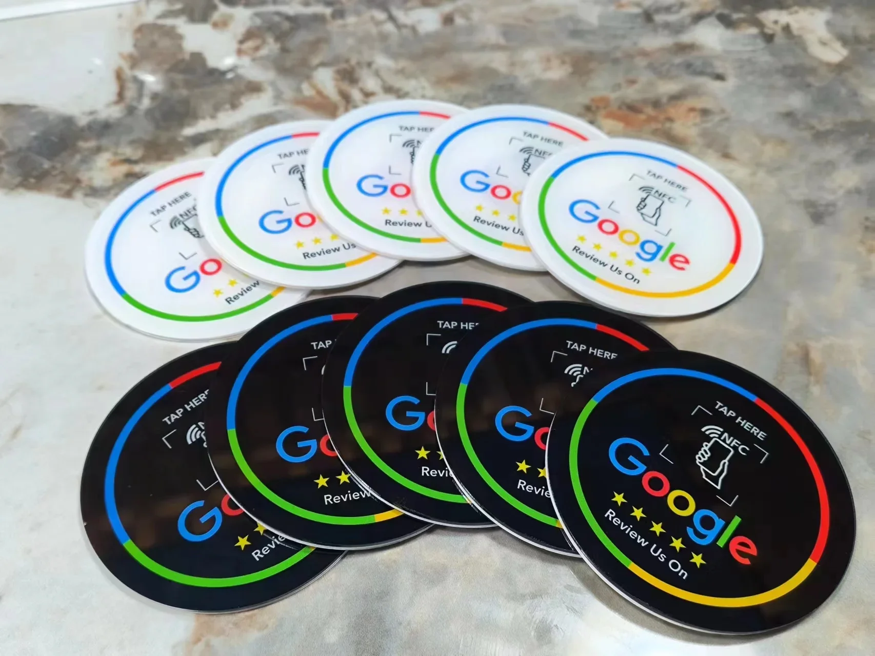 13.56MHz Programmable Acrylicl with Self-adhesive Backing NFC Table Sticker Diameter 10CM Google Reviews NFC Sticker NFC 215