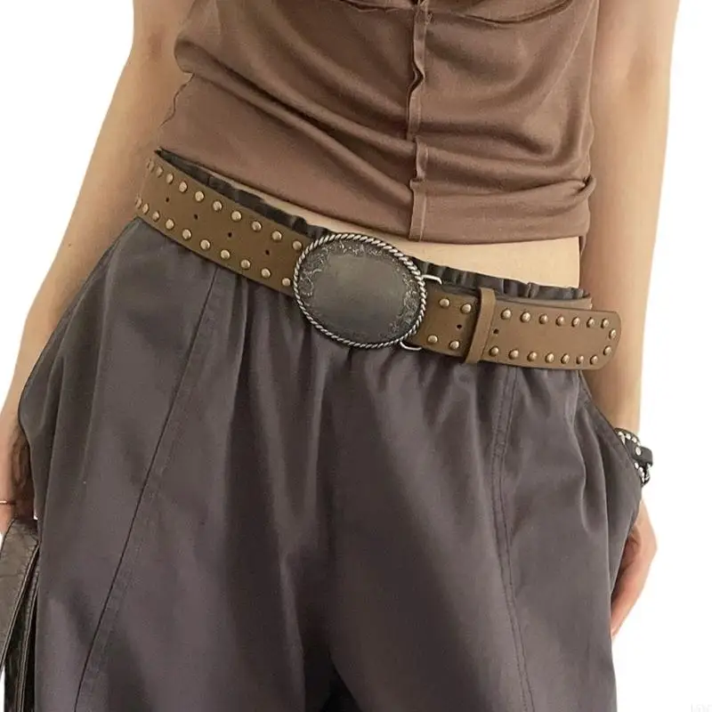 

L5YC Gothic Engraved Waist Belt For Women Adjustable Punk PU Leather Accessory