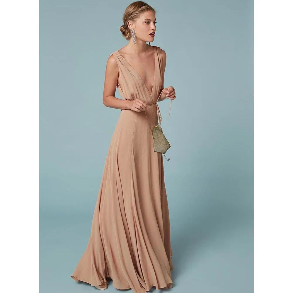 

Champange Elegant Evening Dress V Neck Sleeveless High Qaulity Floor Length Sweep Train Celebrity Formal Occasion Female Gowns