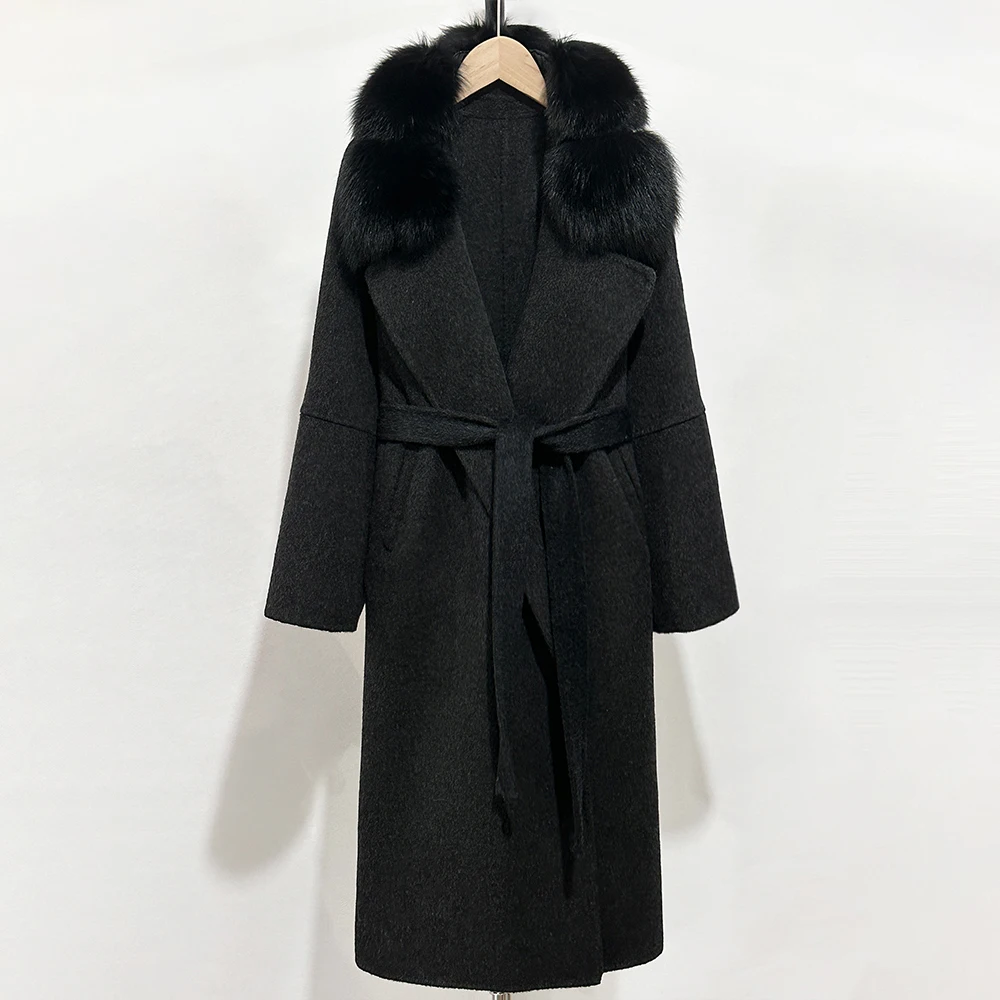 OFTBUY Langer, warmer, eleganter Wintermantel mit Gürtel, neue Damen-Doppelmantel aus Wolle mit echtem Fuchsfellkragen und -manschetten – Detail 10
