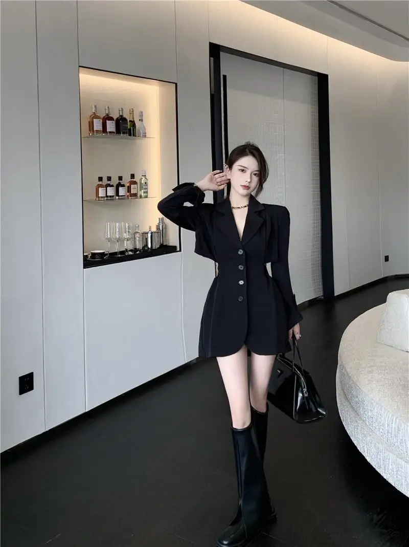 Suit Dress Women\'s Autumn New Style Sexy Hollow Out Design Short Skirt Temperament Light Mature Waist Cinched Long Sleeve Skirt