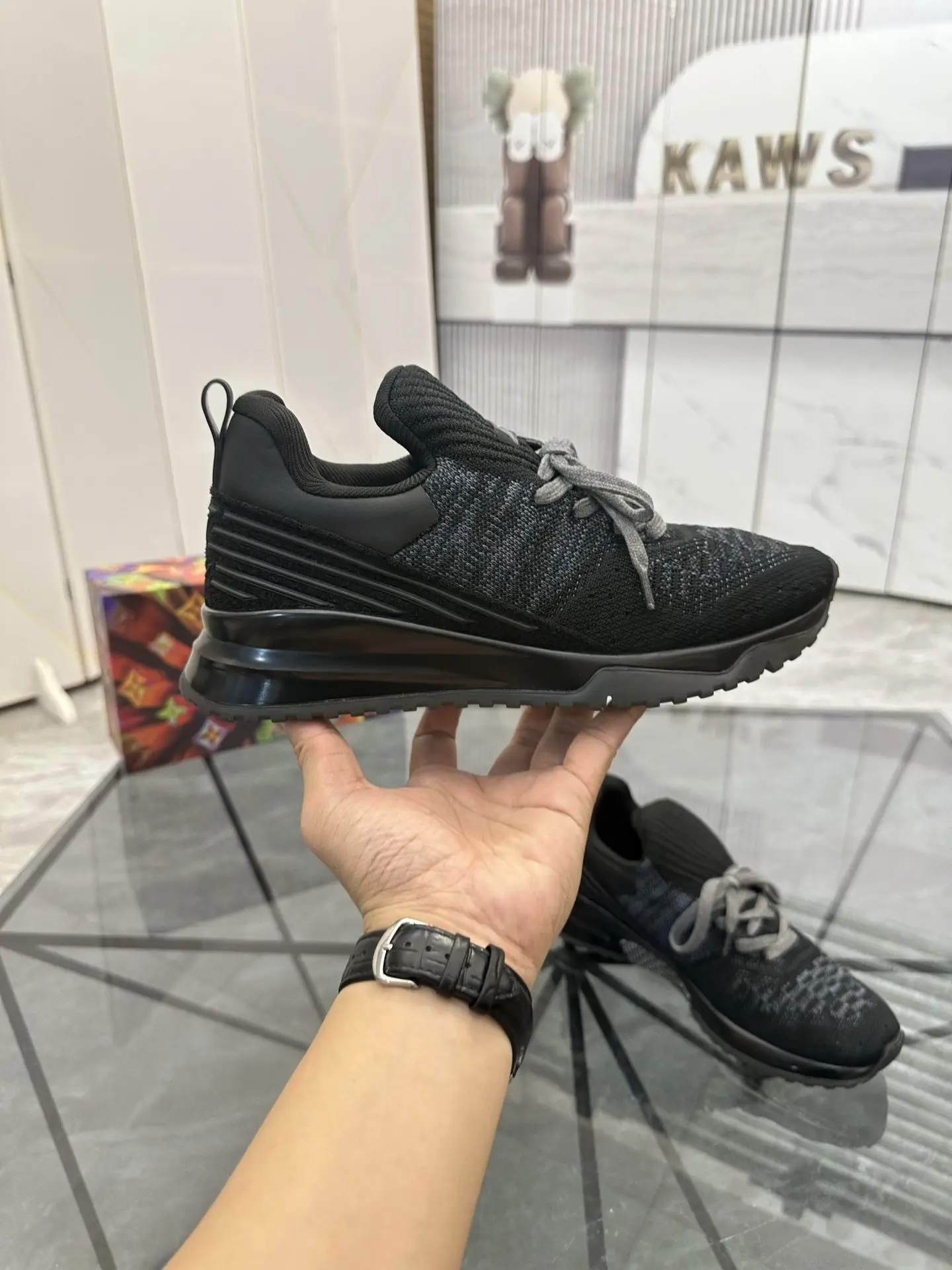 Men Women Black Grey Knit Mesh Thick Sole Running Shoes Breathable Knitted PU Splicing Casual Shoes Minimalist Couple Lace-up Anti-slip Sports Sneakers
