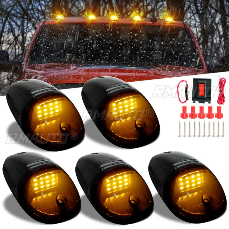 12LED 5Pcs Marker Lamps 12V/24V Car Cab Roof Running Light Marker Lights Roof Lamps Black Smoked Lens for Tundra F150 Dodge GMC