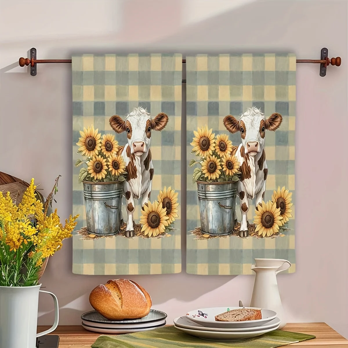 2Pcs, Plaid Sunflower Kitchen Towels, 40Cm*60Cm Towel Set, Best Kitchen Towels, Super Absorbent Soft Cleaning Cloth, Cooking and Baking Tea Towel, Hand Towel, Cleaning Cloth, Dishcloth, Kitchen Decoration, Living Room Decorations, Kitchen Essentials, Home Essentials