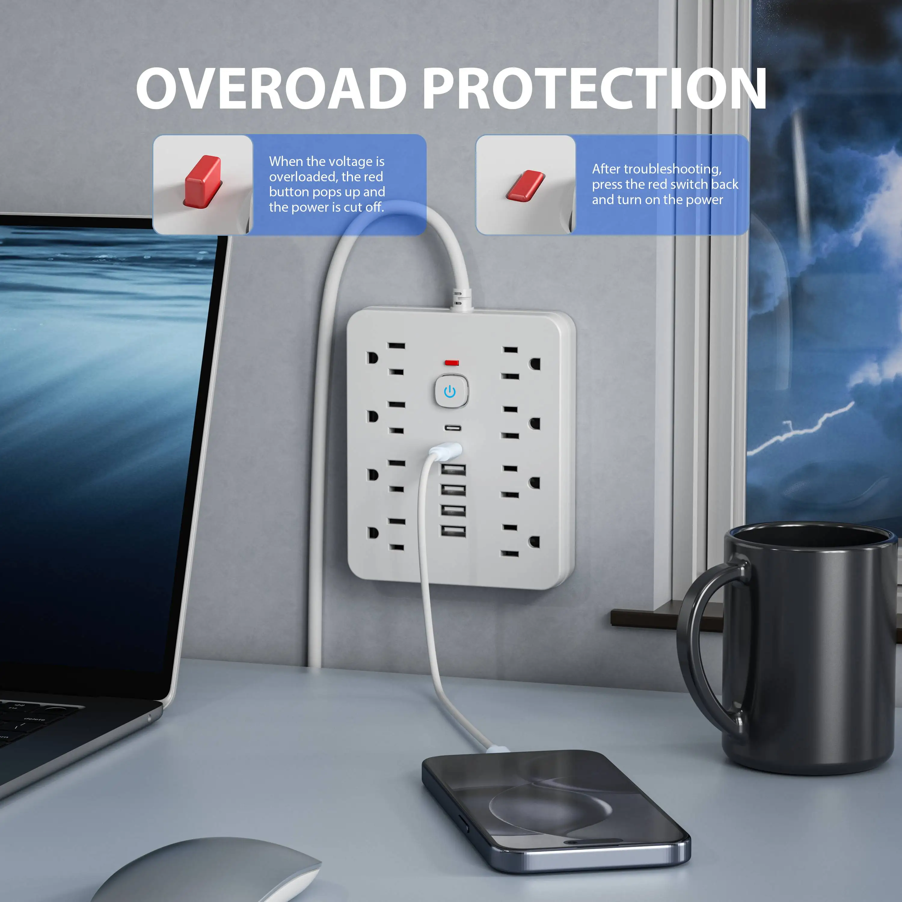 قطاع طاقة للحماية من زيادة التيار مع مفتاح - 8 منافذ تيار متردد و6 منافذ USB (بما في ذلك 2 USB-C) وسلك 5 أقدام/10 أقدام