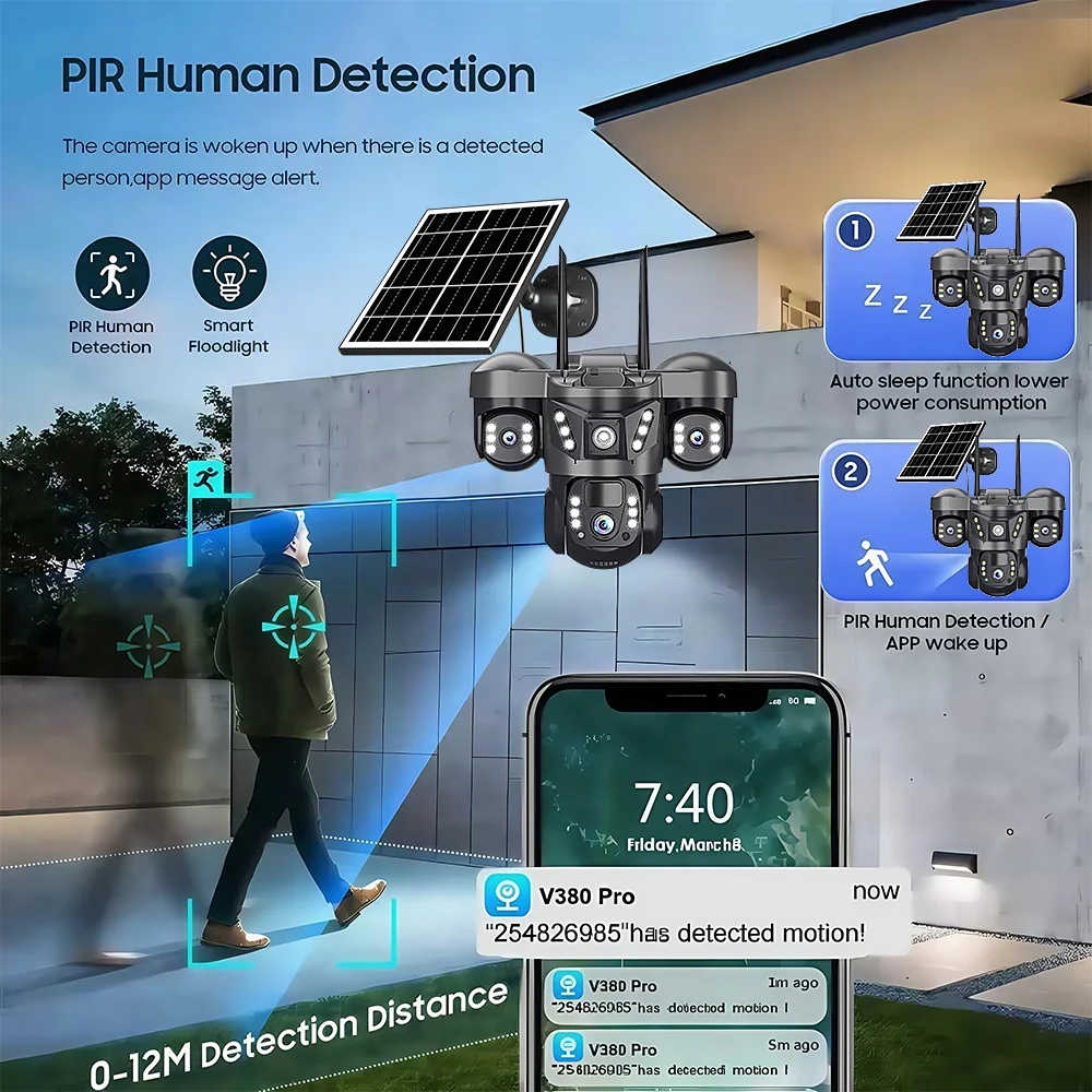 15MP 4G Solar Camera Outdoor 10X Zoom Triple Lens PTZ CCTV PIR Motion Detection Security Surveillance V380 Pro 3-Screen Camera