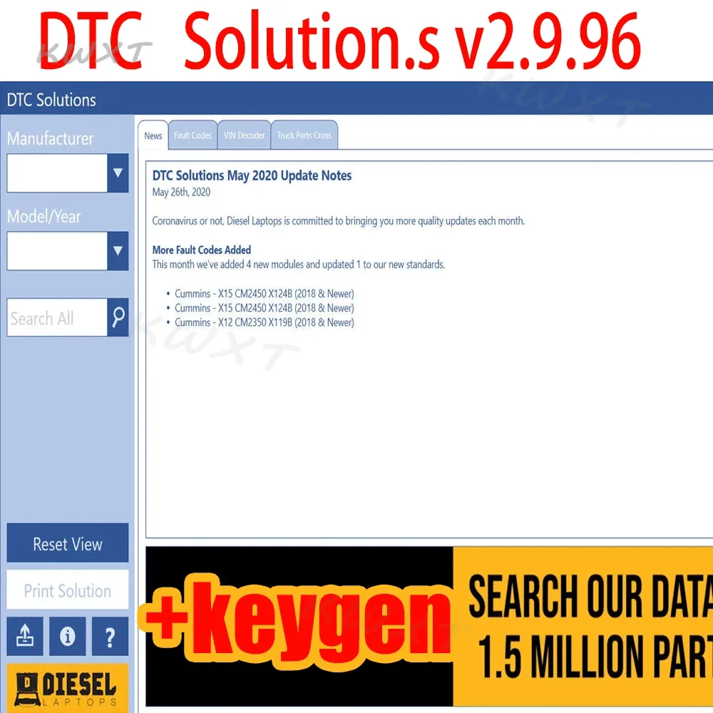 

DTC Solution V2.9.96 Diesel Car- Fault Code Info- VIN Decoder Parts Cross Reference Best Truck Diagnostic Trouble Code Program