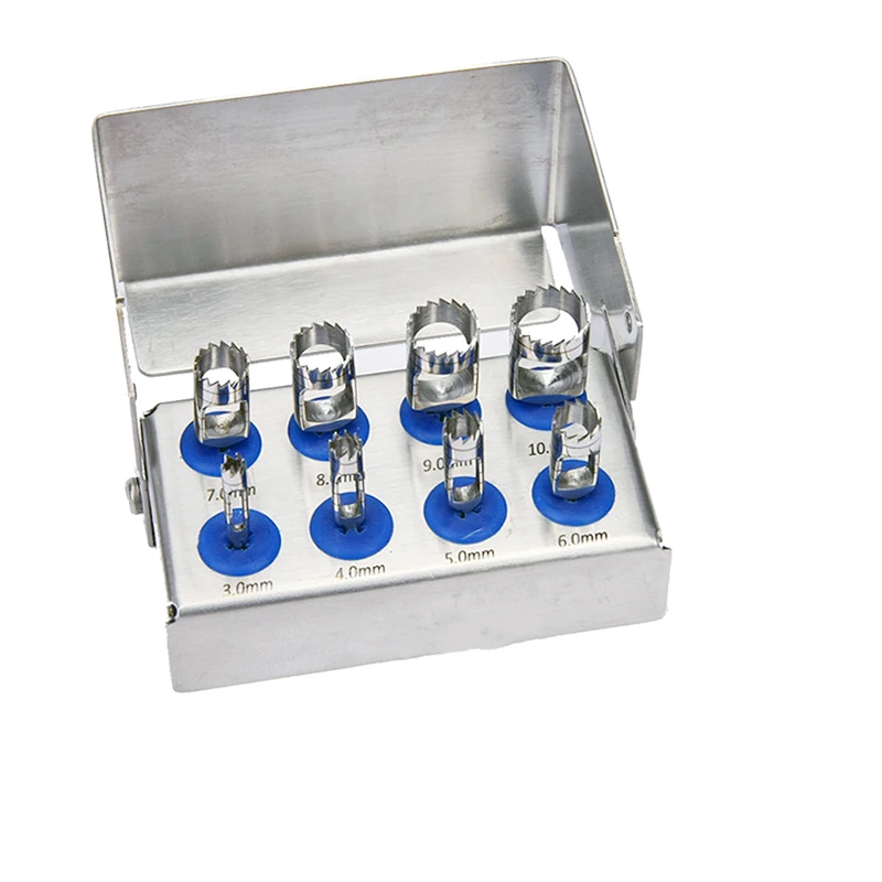 8Pcs Autoclavable Dental Implant Trephine Drill Burs with Disinfection Holder for Bone Harvesting Surgery