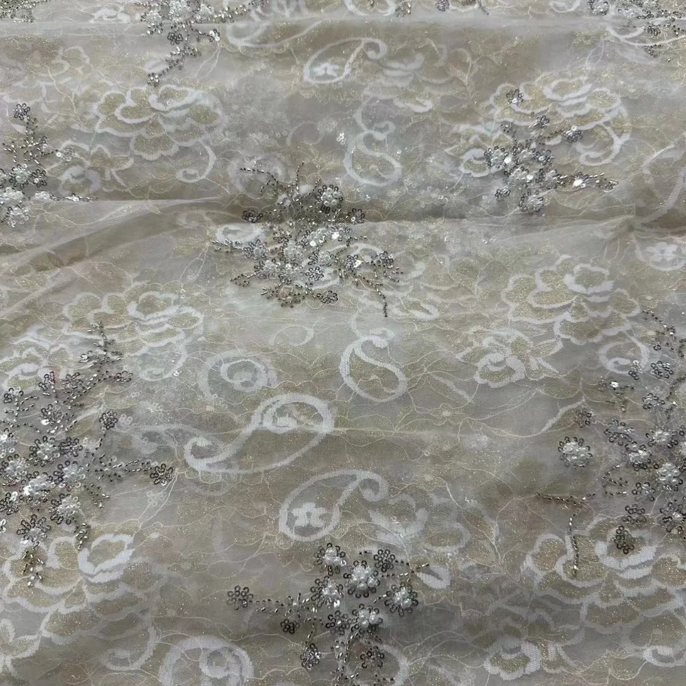 High End Sequin Beaded Double Layer Gold Lace Embroidered Fabric for Women Dress Evening Gown Designer Fabric