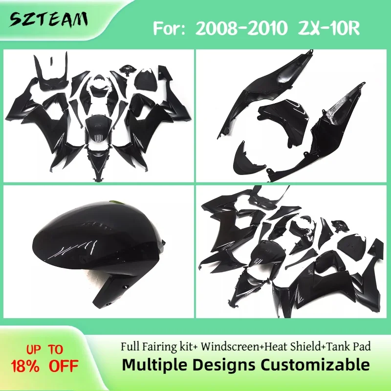 For Kawasaki ZX 10R 2008 2009 2010 Multiple Designs Motorcycle Fairings 08 09 10 ZX10R Bright Black ABS Plastic Fairing Kit