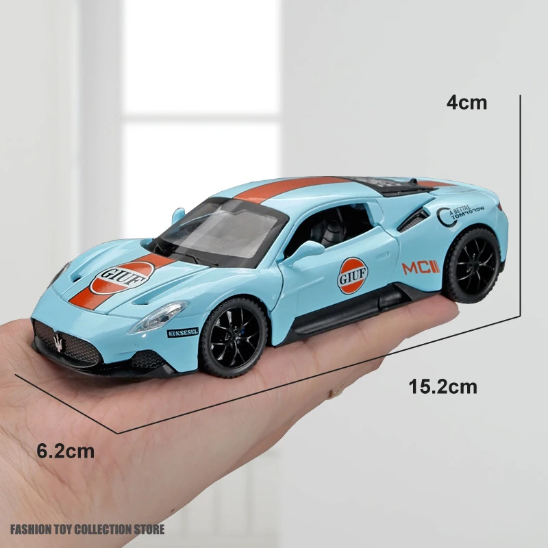 1:32 Maserati MC20 Gulf Edition Alloy Car Model Diecasts Toy With Sound and Light Vehicles Decoration Toys For Kids Gift