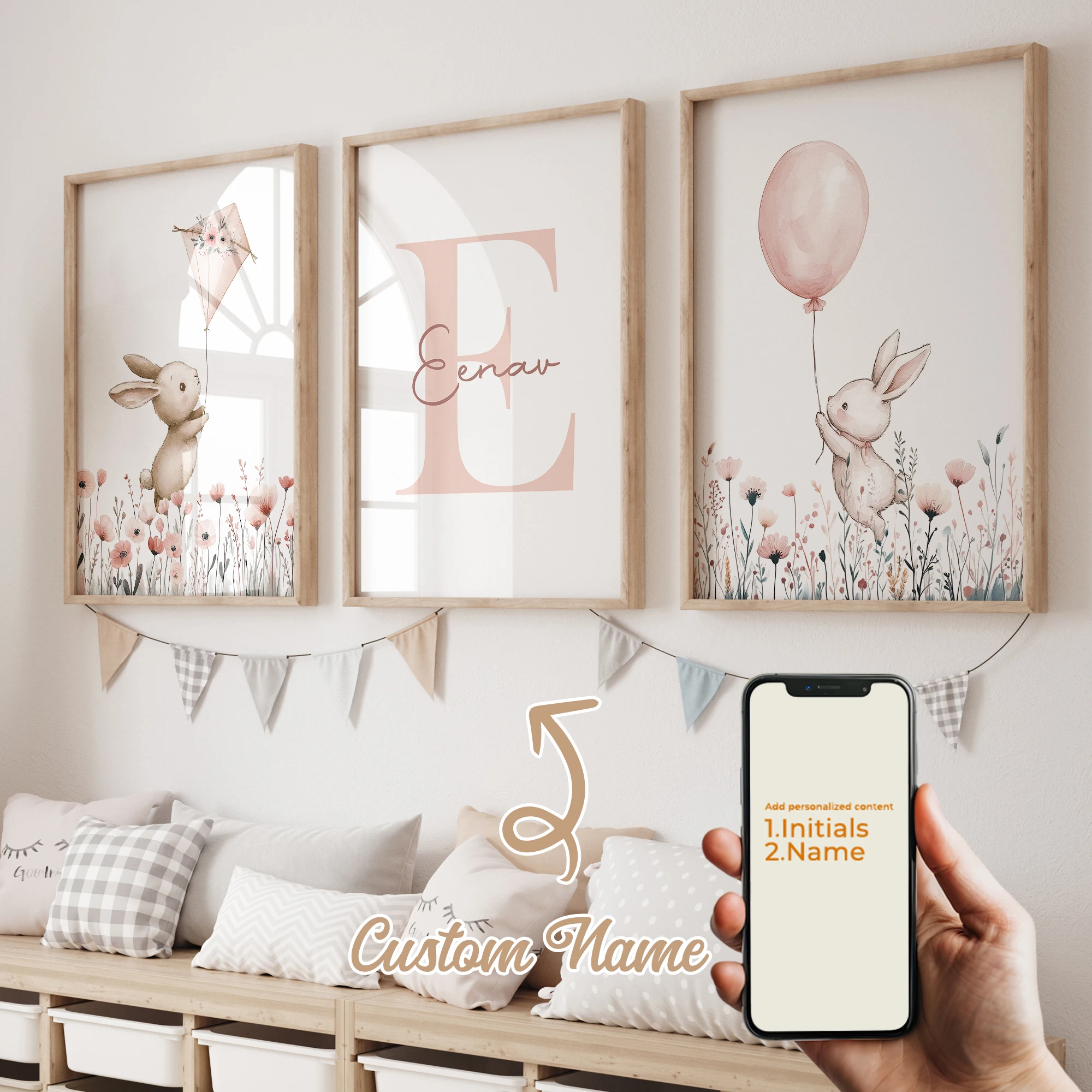 

3pcs Pink Rabbit Play Warm Heart Gift Custom Name Wall Art Prints Canvas Painting Poster Picture For Kids Room Home Decor