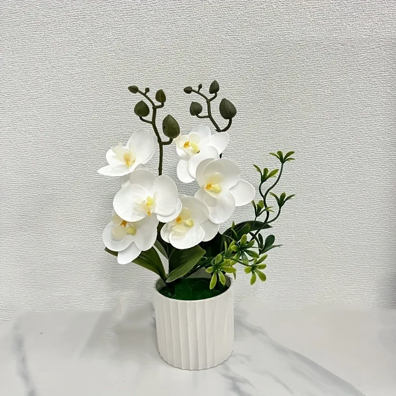 Künstlicher Orchideen-Schmetterlings-Doppelbündel mit 6-Blüten, Topfpflanzenfolie, realistisches Grün, Szenen-Setup für die Innenfotografie – Detail 6