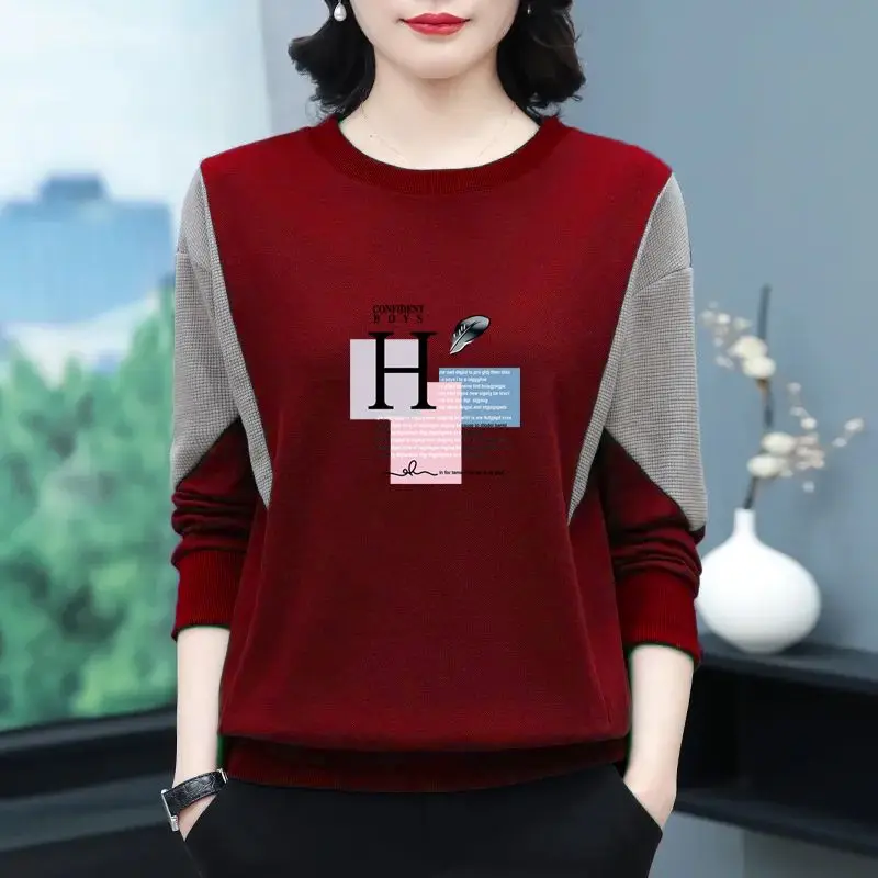 Female Clothing Cotton Spring Autumn T-shirt Women's New Versatile Loose Long Sleeve Letter Patchwork Fashion Sweatshirts Tops