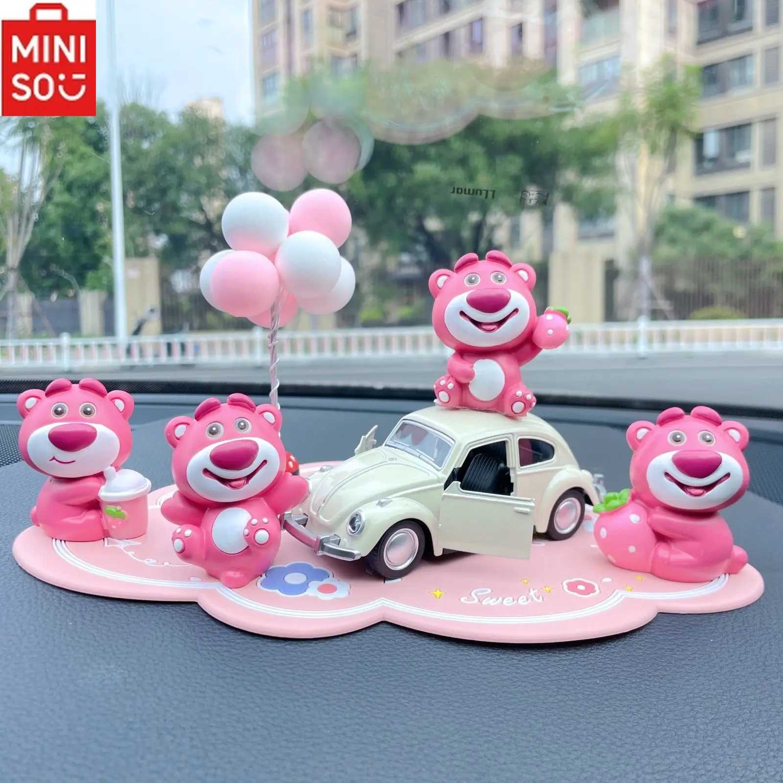 

Disney Strawberry Bear Car Center Console Bear Balloon Ornaments Set Women Cute Pink Car Accessories Interior Supplies Gift