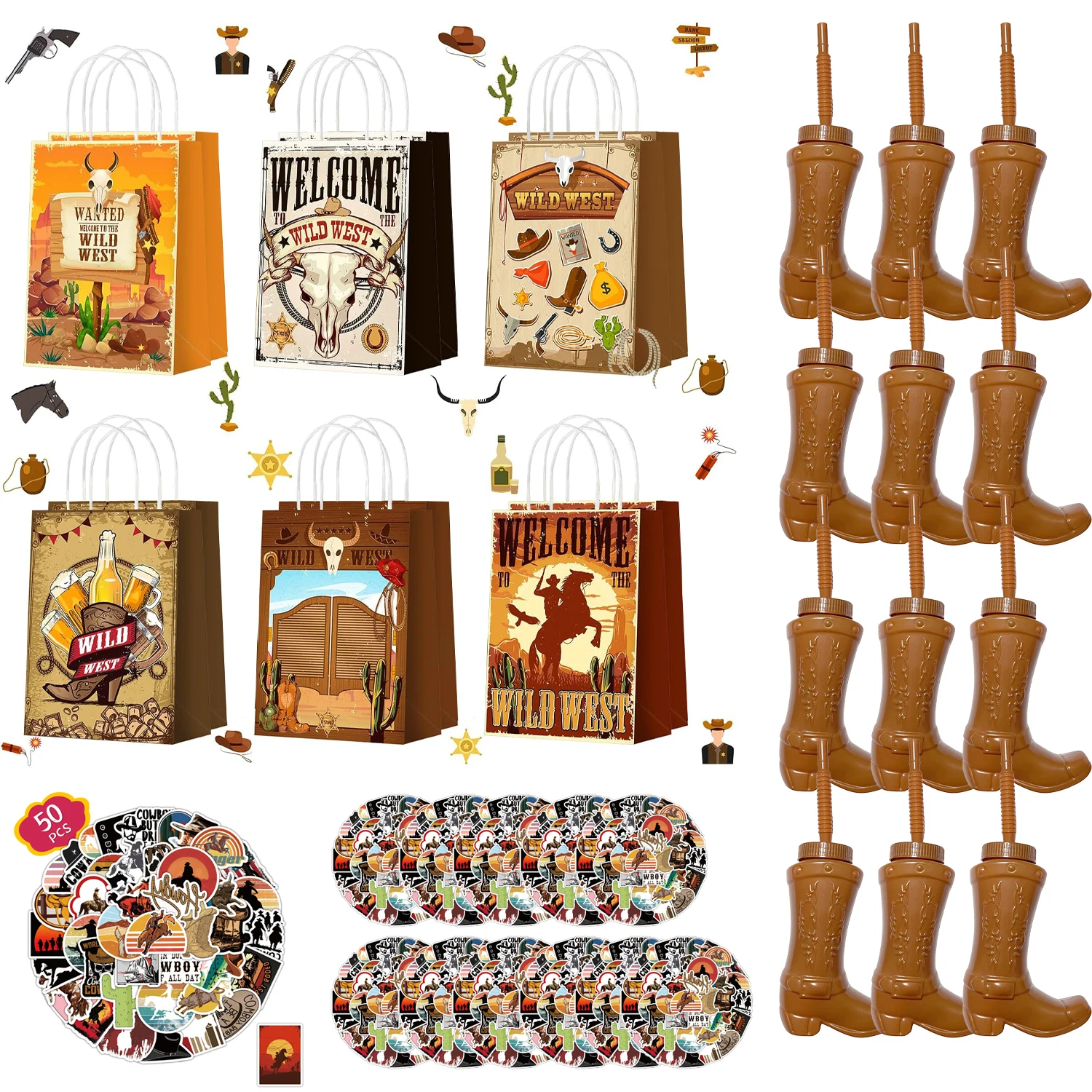 

12Pcs 10 oz Plastic Cowboy Boot Cups 12Pcs Wild West Cowboy Cow Theme Paper Gift Packing Bags 600Pcs Cowboy Stickers