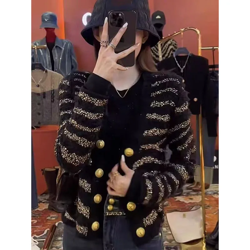 

Роскошный полосатый кардиган с блестками, трикотаж, женский шерстяной кашемировый свитер с тонкой талией, куртка с металлическими пуговицами, мягкое вязаное пальто