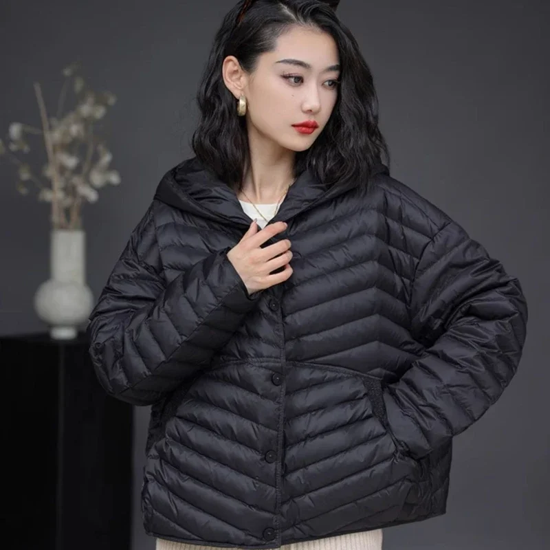 Autumn Winter Women Ultra Light White Duck Down Jacket Solid Large Size Hooded Puffer Coat Batwing Sleeve Down Jacket for Women