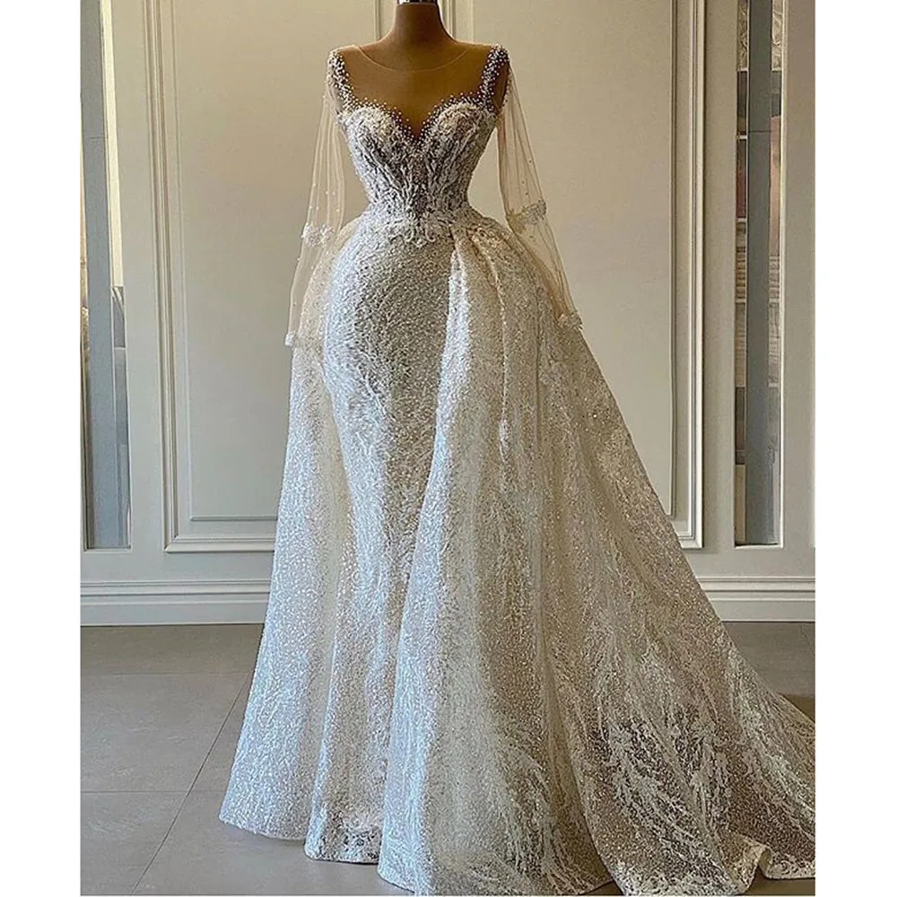 

White Sheer Collar Long Sleeve Wedding Dress Lace Appliqué Beaded Bridal Dress Removable Train Robe Customized