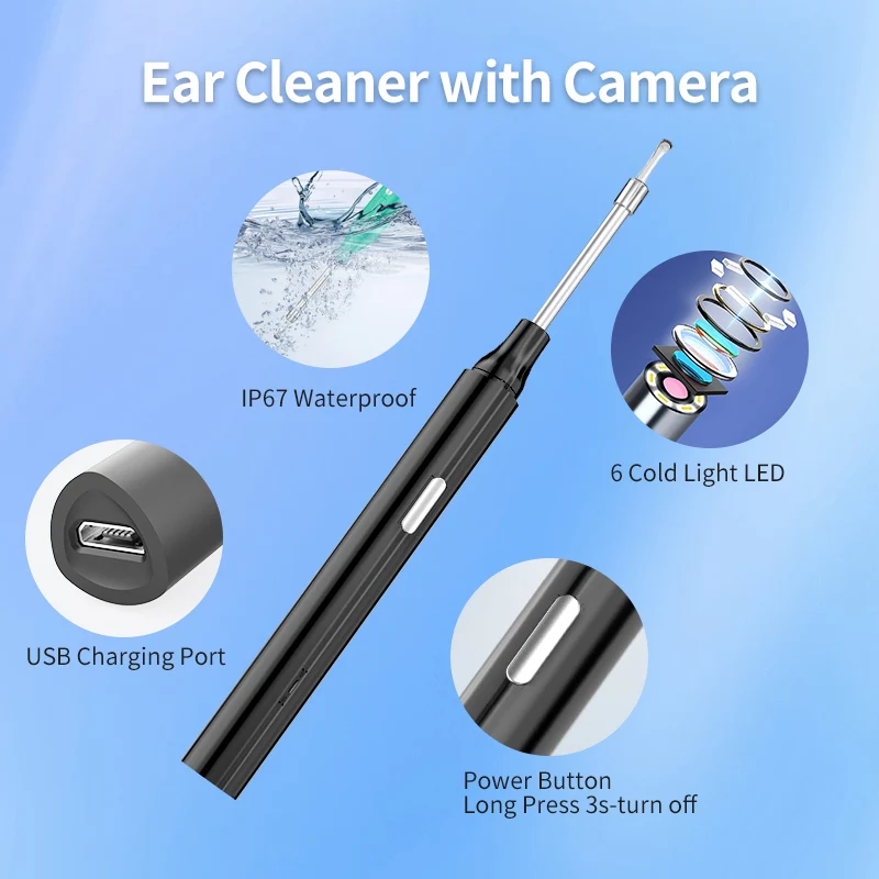 Wireless Otoscope Ear Camera 1080P 4.9MM WiFi Ear Scope with 6 LED Lights for Kids and Adults Compatible with Android iPhone