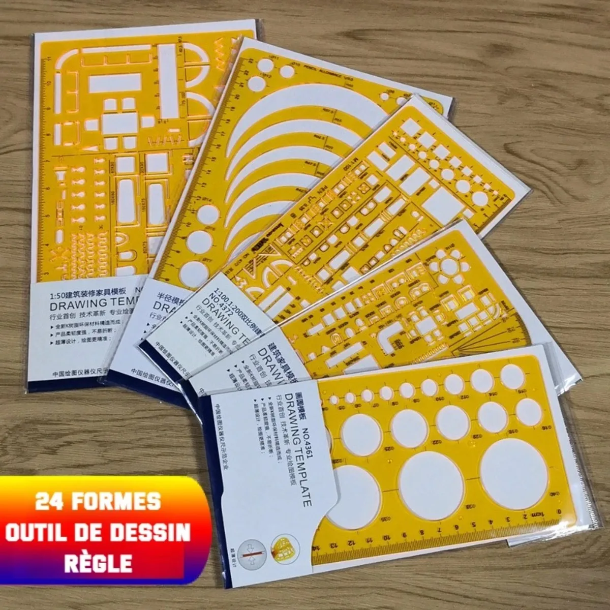 مجموعة قوالب رسم هندسية مع مسطرة قياس - أدوات بلاستيكية شفافة صفراء + حقيبة سحاب من البولي إيثيلين - للهندسة المعمارية #2