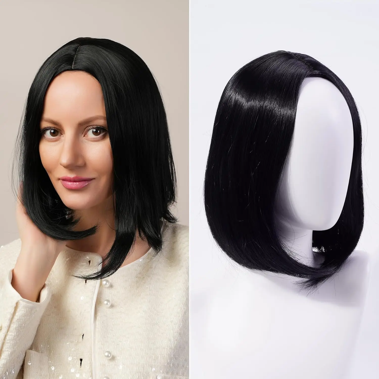Black Bob Wig 12 Inches Mid Part Short Bob Wig Synthetic Fiber Glue Free Wig Classic Style Suitable for Womens Daily Life