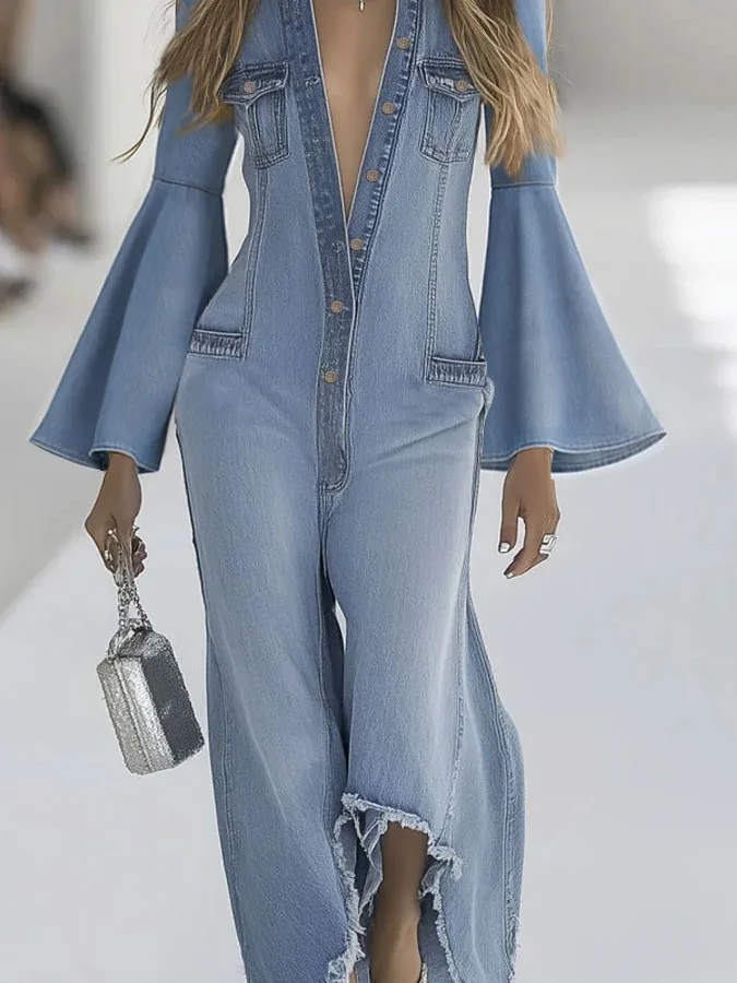 

Women's Casual Color Denim Jumpsuit Single-Breasted High-Waist Nine-Piece Pants Polyester Fiber Spring Season