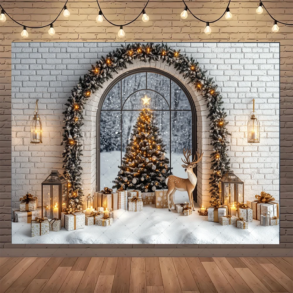 

Winter Christmas Photography Background Arch Door Xmas Tree Chic Wall Gift Indoor Decor Banner Kids Portrait Photocall Backdrops