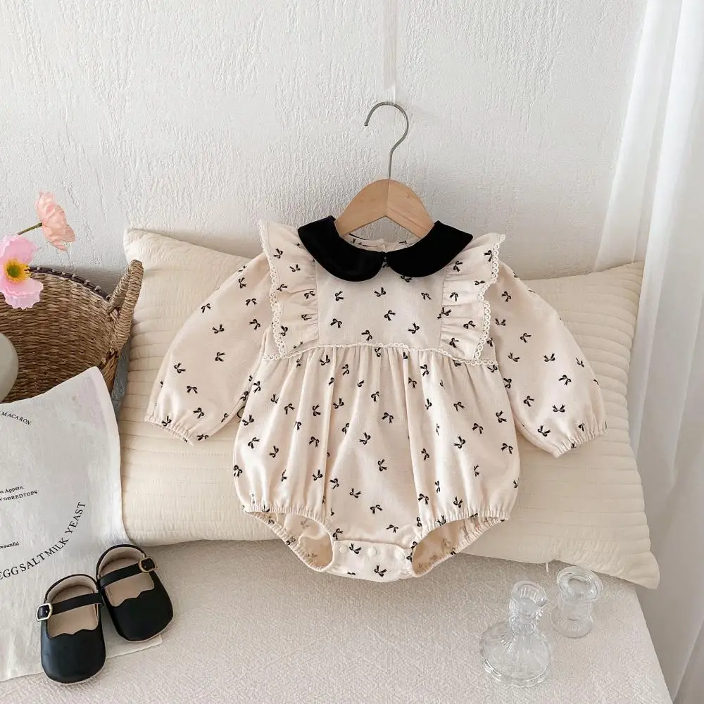 2024 Baby Girls Bow Printing Romper Turn Down Collar Long Sleeves Toddler Rompers  Baptism Holiday Casual Newborn Fall Clothing